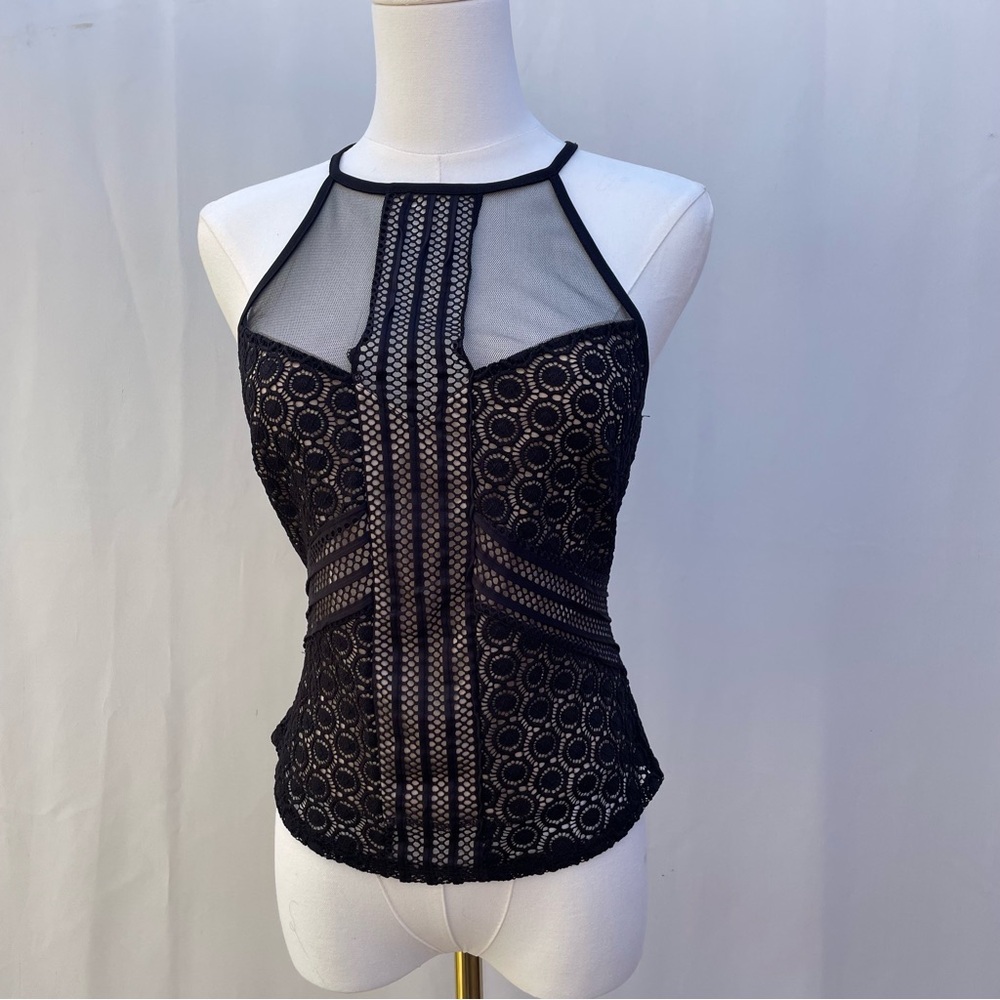 Olive Tree‎ Black Lace Mesh Halter Top Size L Sheer Going Out Top